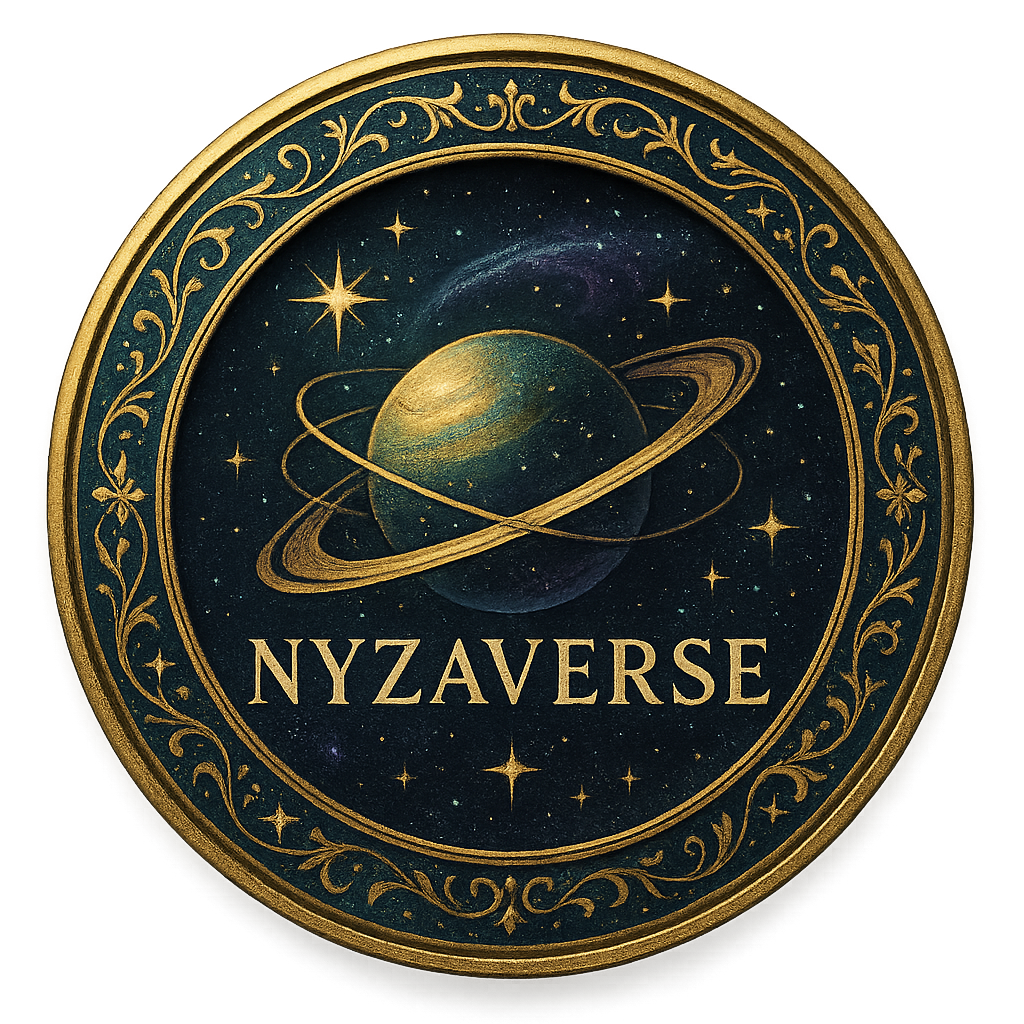 A ringed planet-world floating in deep space — a world in the Nyzaverse